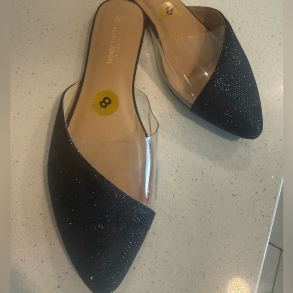 Shoes - Womens Clear Strap Pointed Toe Mules Size 8 Black Glitter Slip On Chic